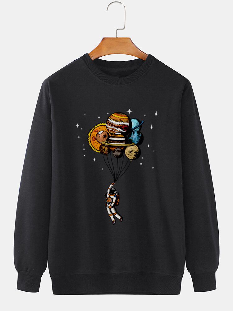 Herr Cartoon Planets Astronaut Print Crew Neck Pullover Bomullströja