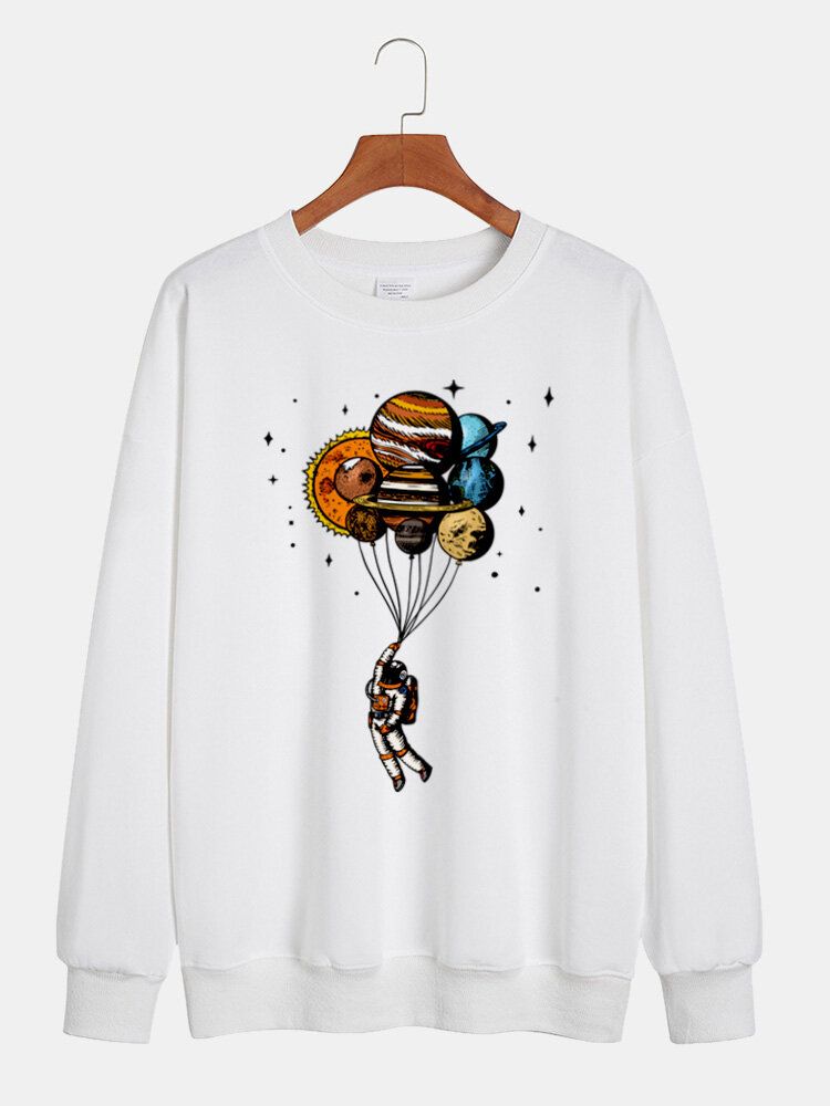 Herr Cartoon Planets Astronaut Print Crew Neck Pullover Bomullströja