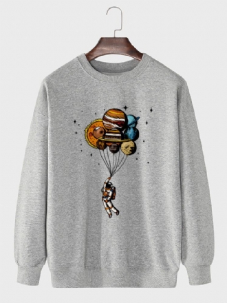 Herr Cartoon Planets Astronaut Print Crew Neck Pullover Bomullströja