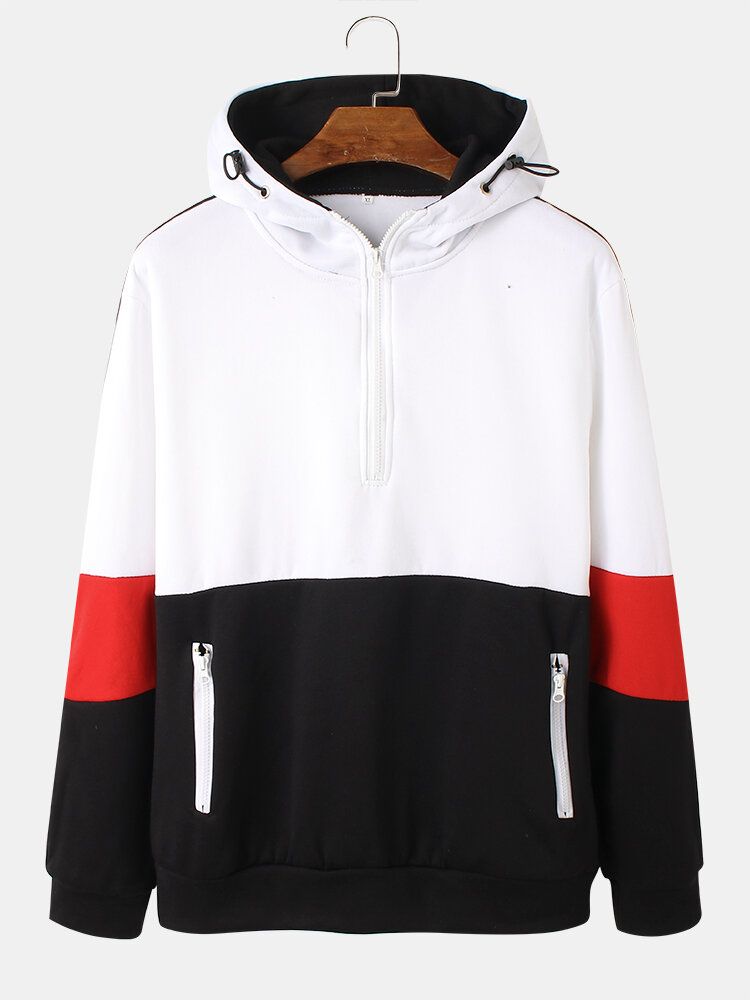 Herr Color Block Patchwork Dragkedja Front Street Style Casual Hoodie