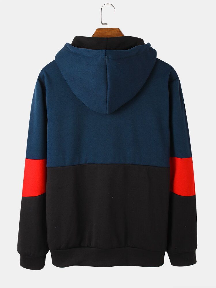 Herr Color Block Patchwork Dragkedja Front Street Style Casual Hoodie