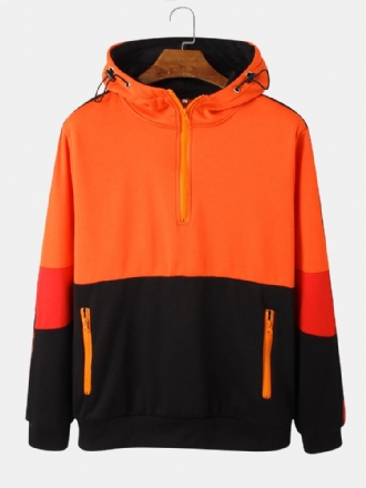 Herr Color Block Patchwork Dragkedja Front Street Style Casual Hoodie