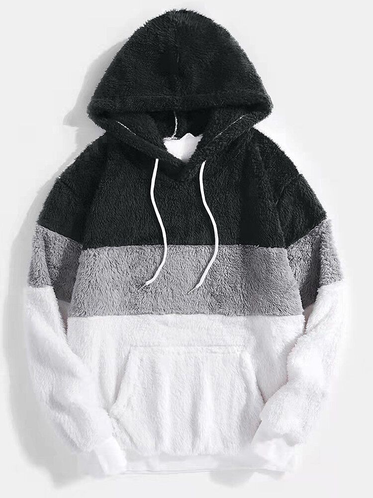 Herr Dubbelsidig Plysch Lapptröja Kangaroo Pocket Warm Hood Sweatshirt