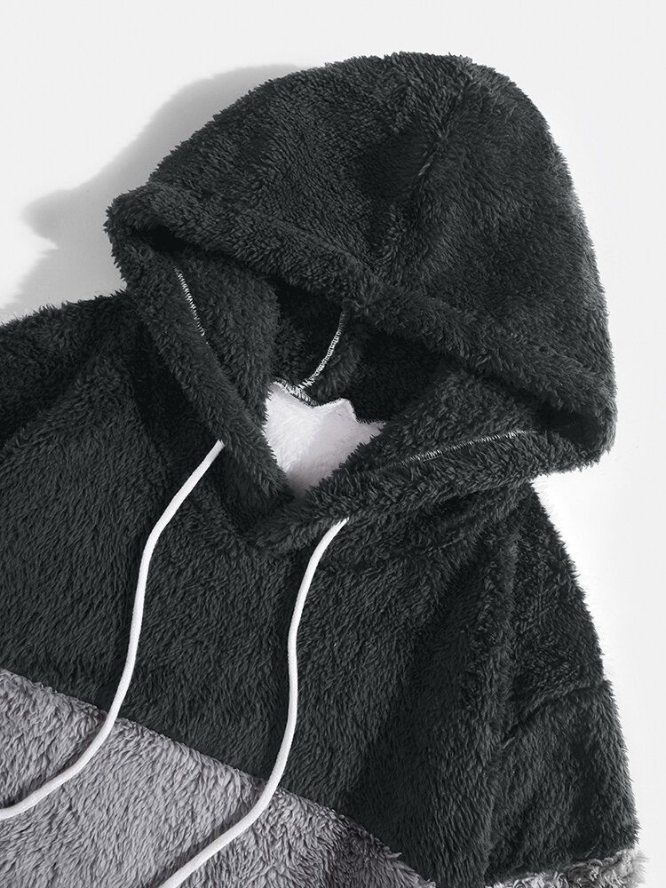 Herr Dubbelsidig Plysch Lapptröja Kangaroo Pocket Warm Hood Sweatshirt