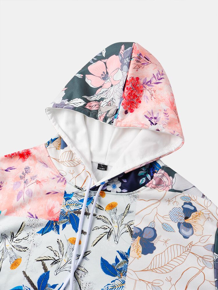 Herr Färgblock Med Blommönster Känguru Pocket Drawsrting Hoodies