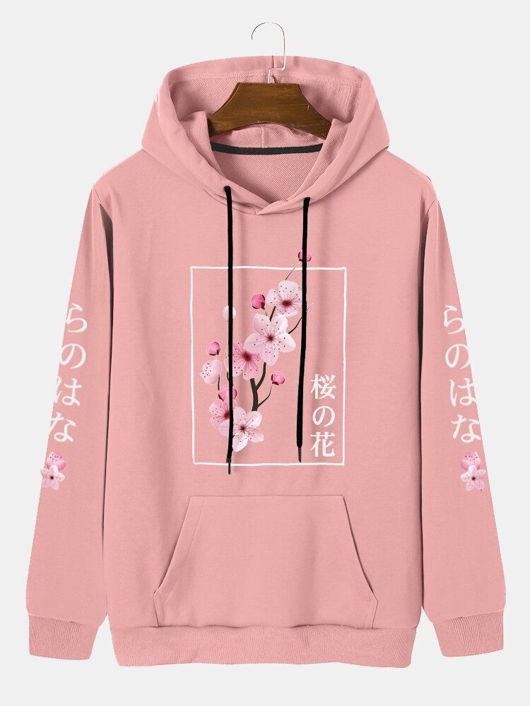 Herr Körsbär Japanskt Brevtryck Kangaroo Pocket Dragsko Hood Sweatshirt