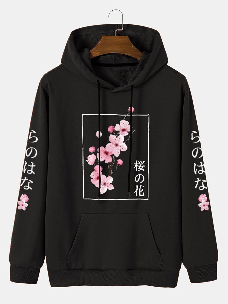 Herr Körsbär Japanskt Brevtryck Kangaroo Pocket Dragsko Hood Sweatshirt