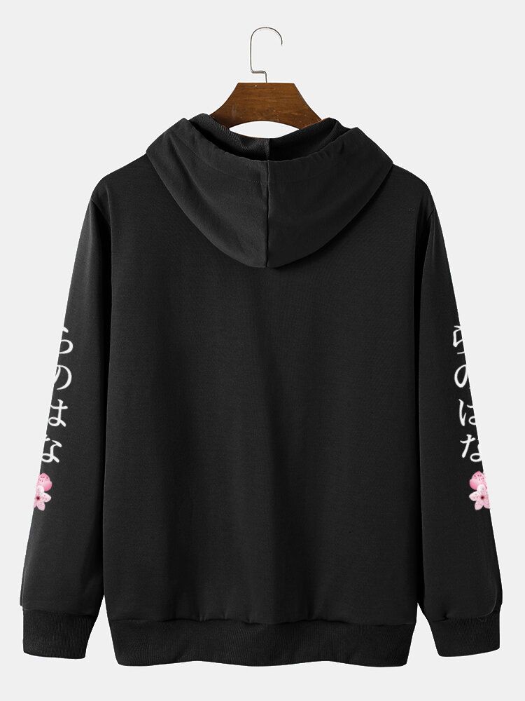 Herr Körsbär Japanskt Brevtryck Kangaroo Pocket Dragsko Hood Sweatshirt