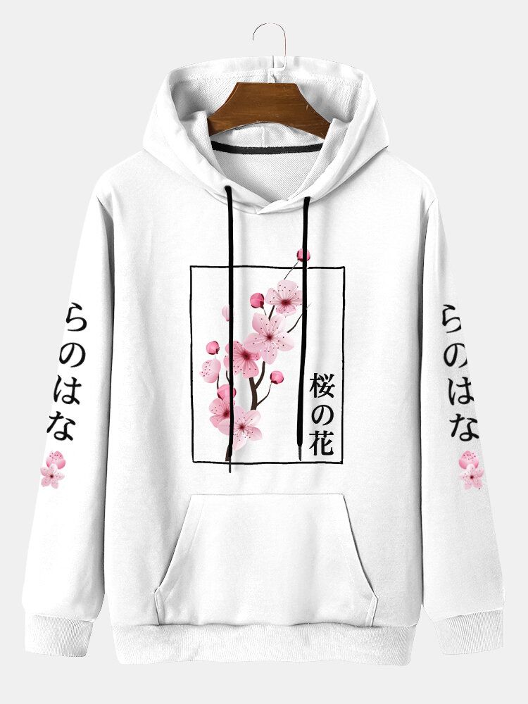 Herr Körsbär Japanskt Brevtryck Kangaroo Pocket Dragsko Hood Sweatshirt