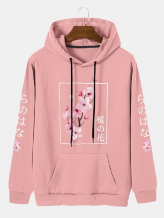 Herr Körsbär Japanskt Brevtryck Kangaroo Pocket Dragsko Hood Sweatshirt