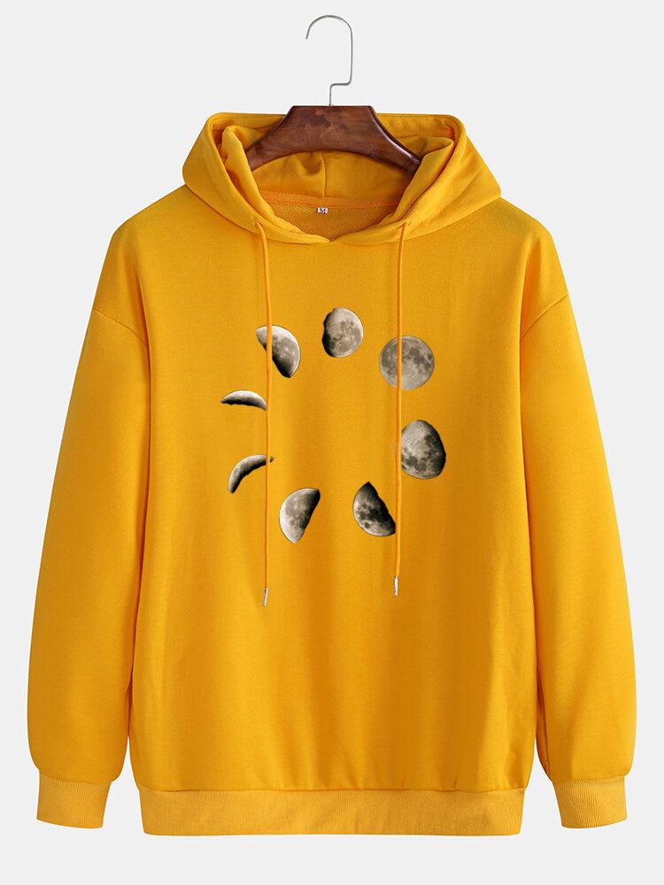 Herr Måne Grafiskt Brösttryck Casual Dragsko Lös Hoodie