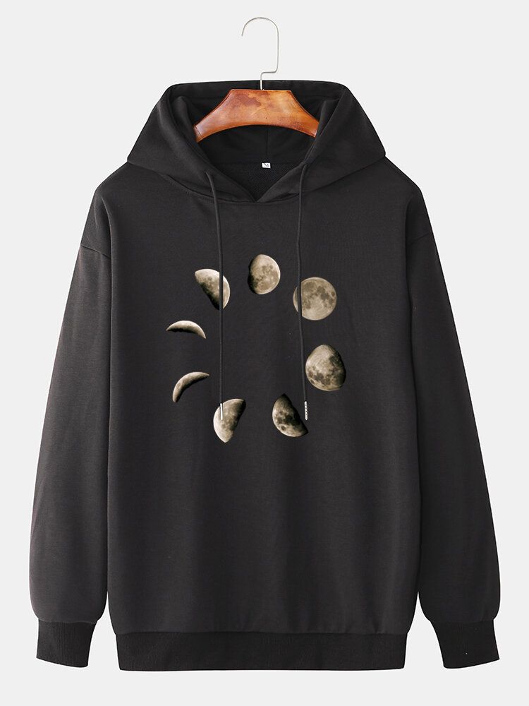 Herr Måne Grafiskt Brösttryck Casual Dragsko Lös Hoodie