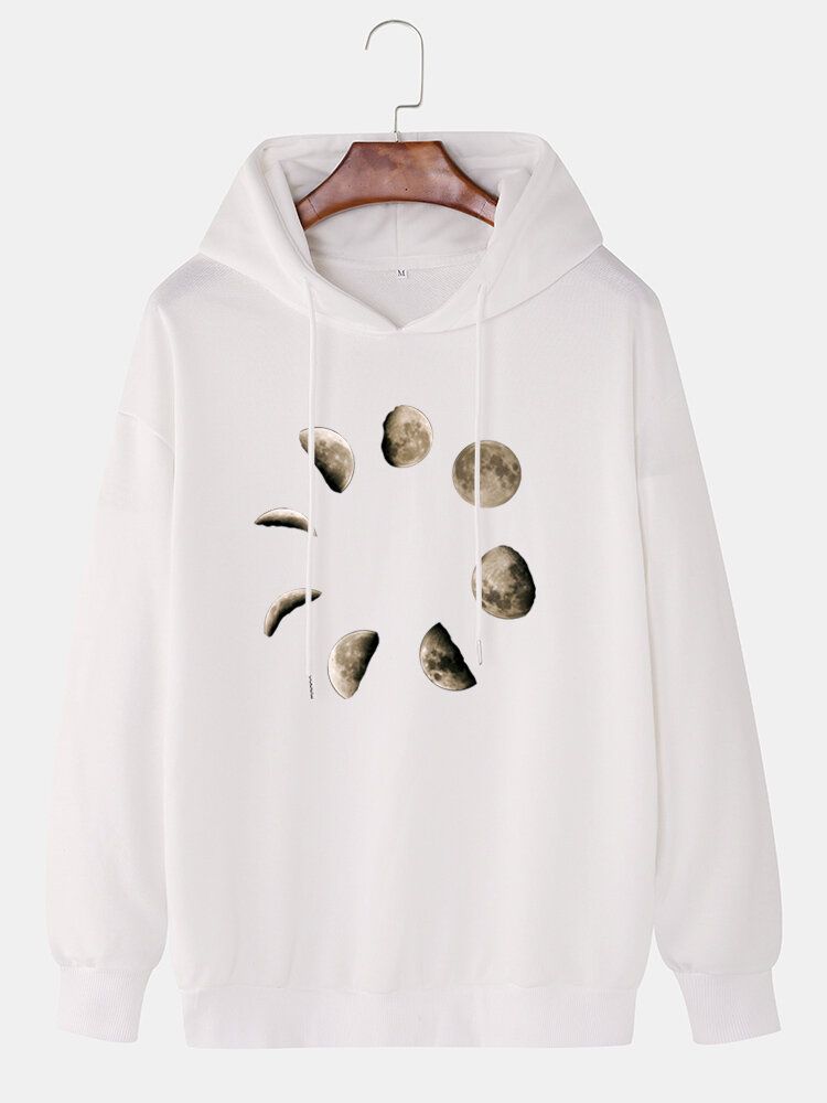 Herr Måne Grafiskt Brösttryck Casual Dragsko Lös Hoodie