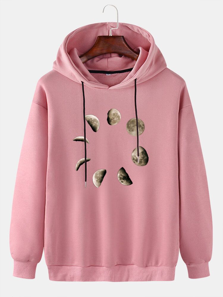 Herr Måne Grafiskt Brösttryck Casual Dragsko Lös Hoodie