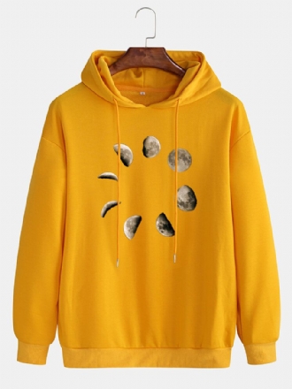 Herr Måne Grafiskt Brösttryck Casual Dragsko Lös Hoodie