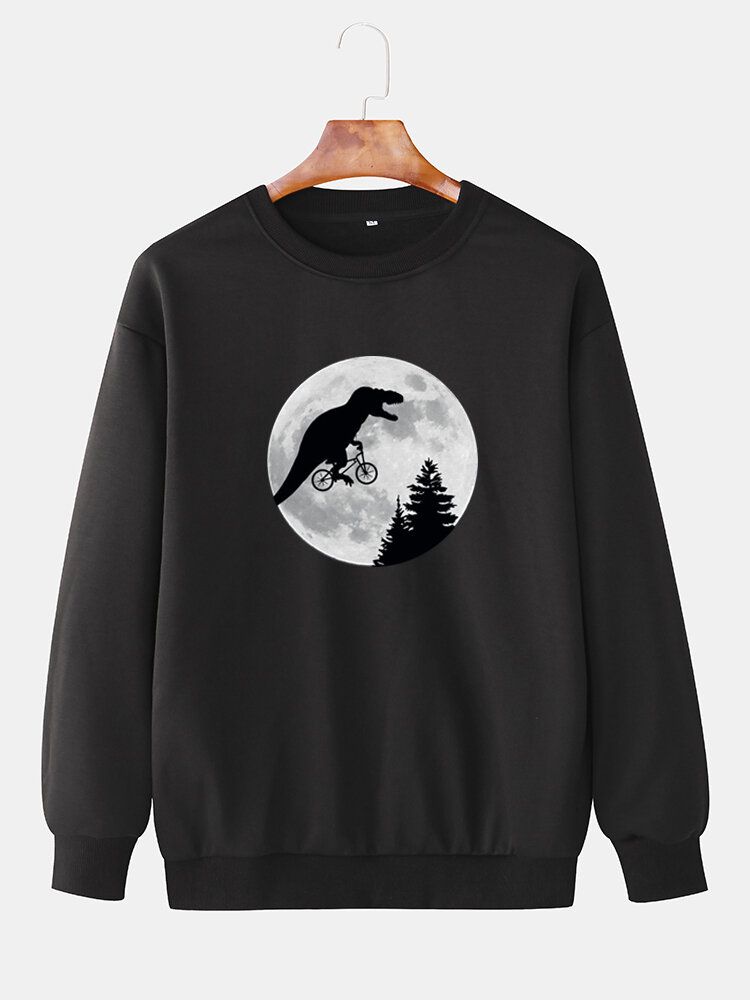 Herr Moon Dinosaur Grafik Crew Neck Bomull Casual Drop Shoulder Sweatshirts