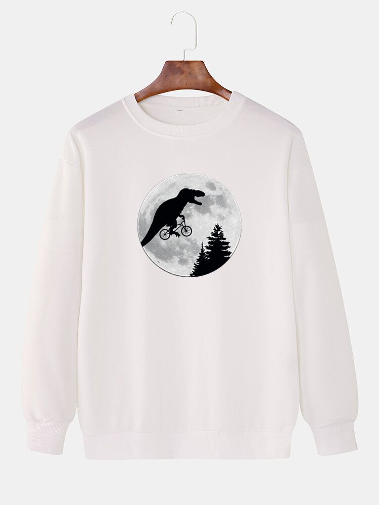 Herr Moon Dinosaur Grafik Crew Neck Bomull Casual Drop Shoulder Sweatshirts