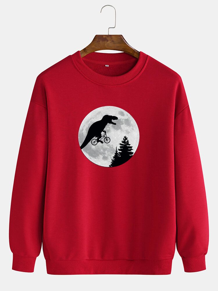 Herr Moon Dinosaur Grafik Crew Neck Bomull Casual Drop Shoulder Sweatshirts