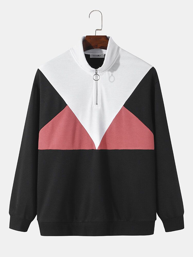 Herr Patchwork Colorblock 1/3 Dragkedja Höghalsad Sweatshirt