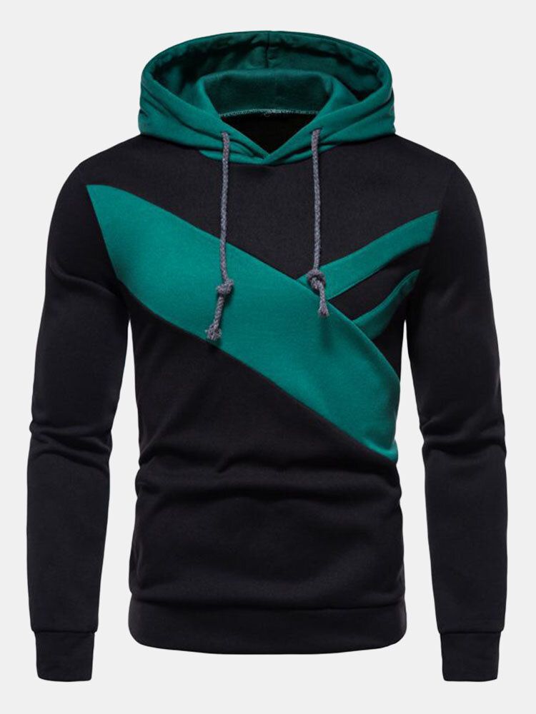 Herr Patchwork Kontrast Färg Drop Shoulder Dragsko Casual Hood Sweatshirt