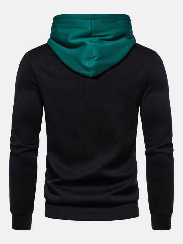 Herr Patchwork Kontrast Färg Drop Shoulder Dragsko Casual Hood Sweatshirt