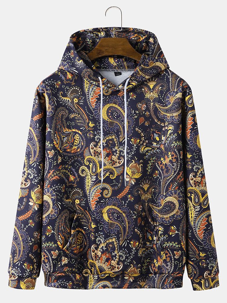 Herr Retro Etnisk Paisley Printing Dragsko Huvtröjor Kängurufickor Huvtröja