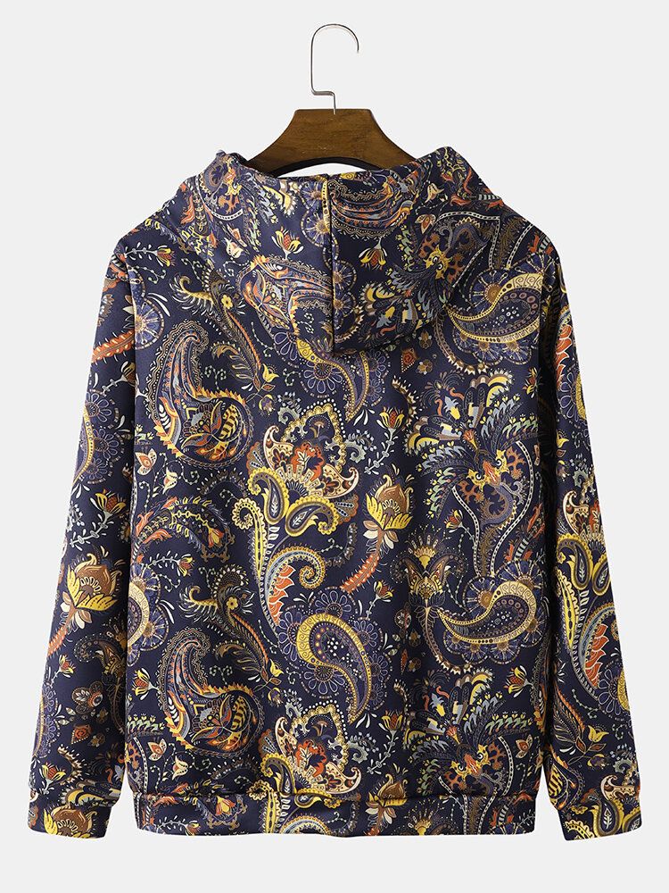 Herr Retro Etnisk Paisley Printing Dragsko Huvtröjor Kängurufickor Huvtröja