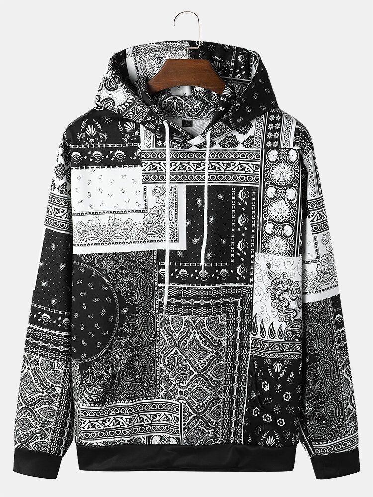 Herr Retro Paisley Etnisk Kontrast Hoodies Med Dragsko I Framficka