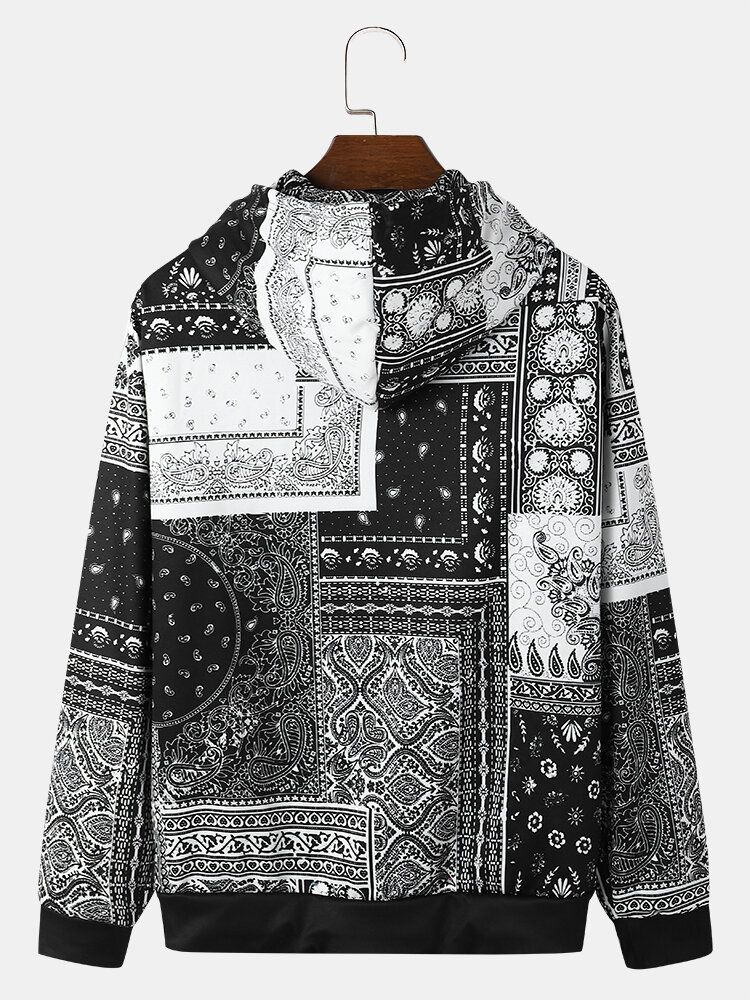 Herr Retro Paisley Etnisk Kontrast Hoodies Med Dragsko I Framficka