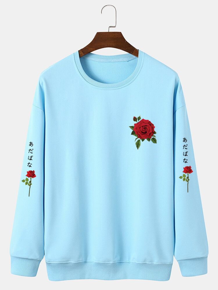 Herr Rose Japanese Letter Bodycon Hem Fritidströja Sweatshirt