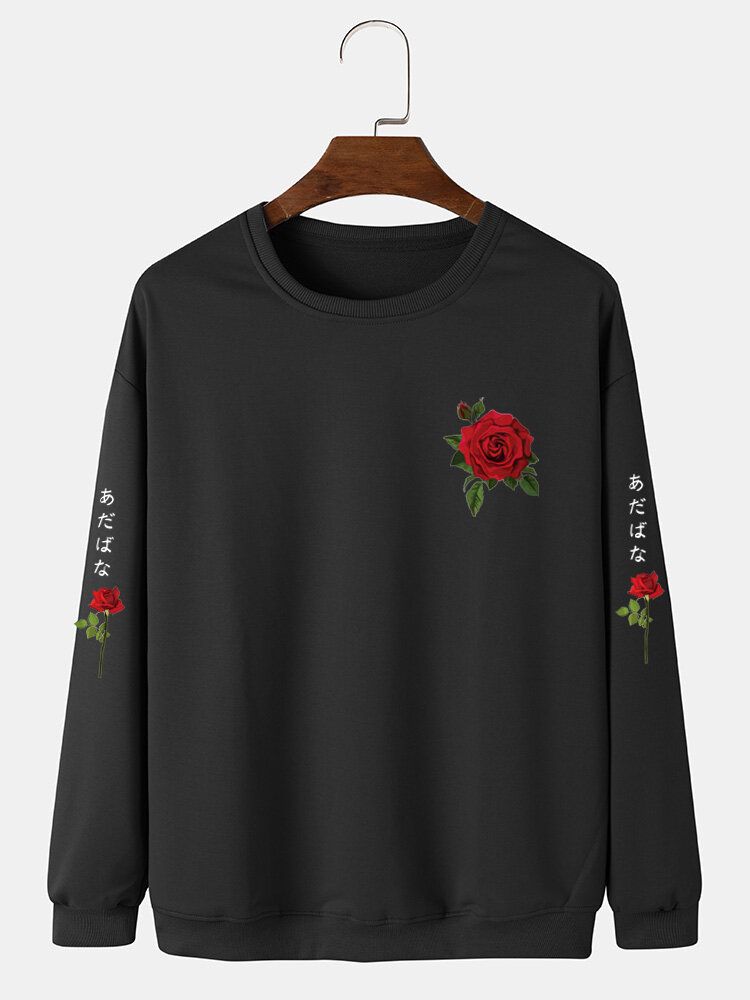 Herr Rose Japanese Letter Bodycon Hem Fritidströja Sweatshirt