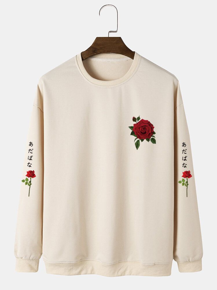 Herr Rose Japanese Letter Bodycon Hem Fritidströja Sweatshirt