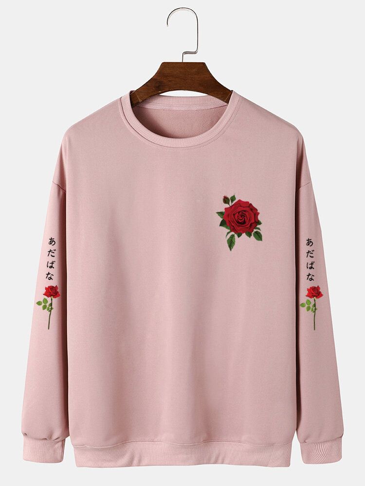 Herr Rose Japanese Letter Bodycon Hem Fritidströja Sweatshirt