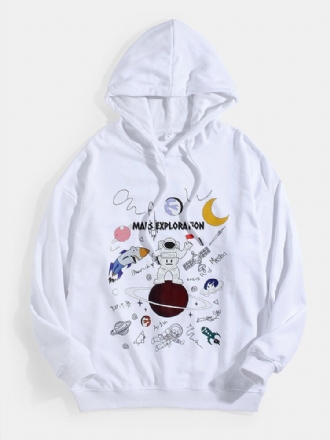 Herr Tecknad Astronaut Planet Print Drop Shoulder Bomull Söta Hoodies