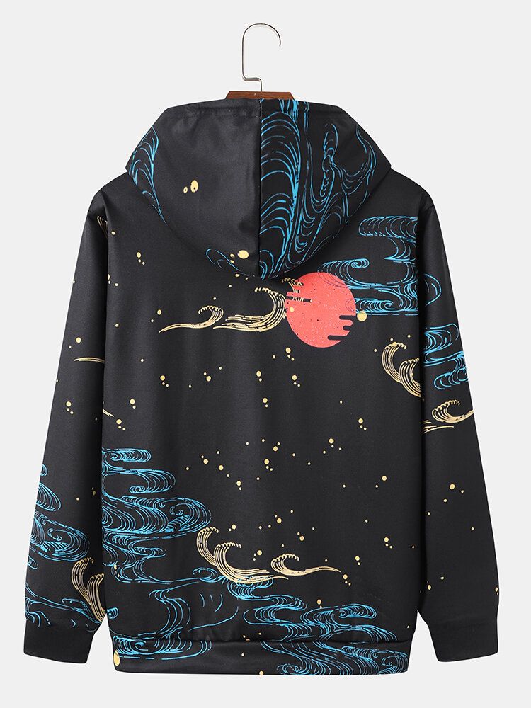 Herr Ukiyoe Landskap Dragsko Kangaroo Pocket Casual Huvtröja