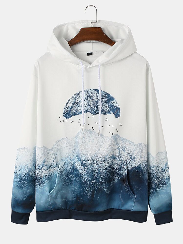 Herrdesign Mountain Landscape Print Pocket Dragstring Hoodies