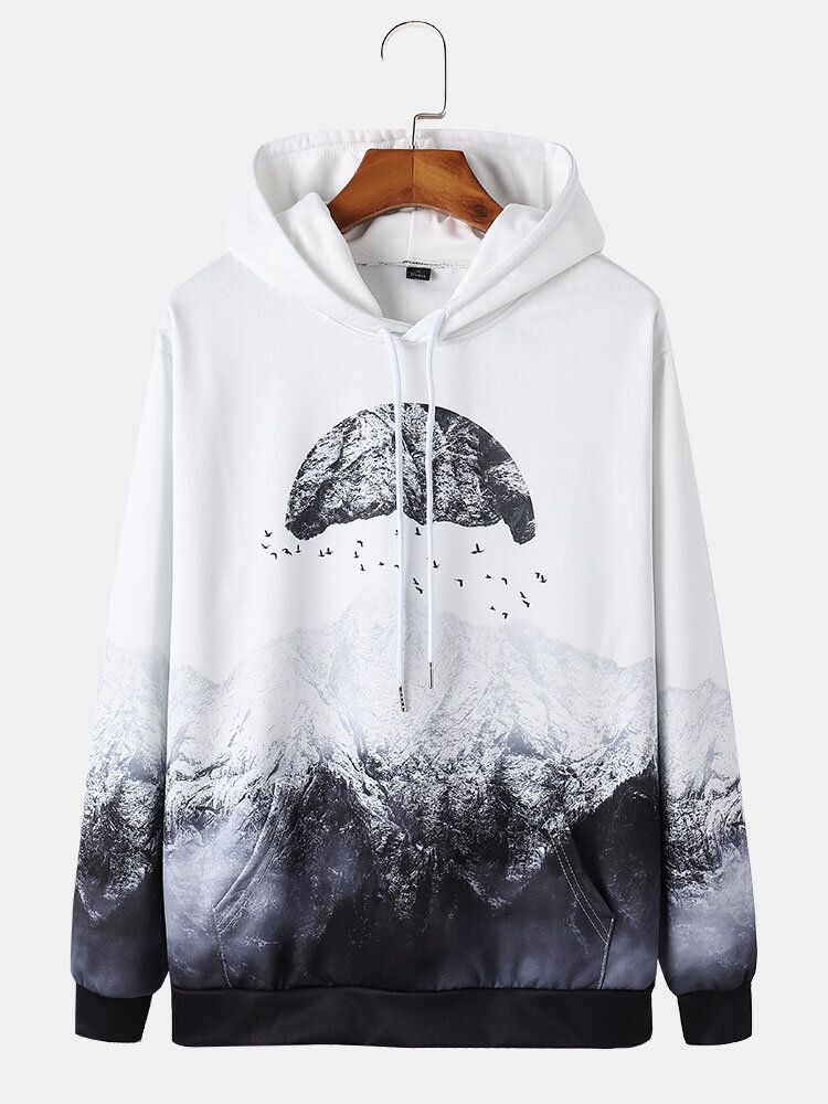 Herrdesign Mountain Landscape Print Pocket Dragstring Hoodies