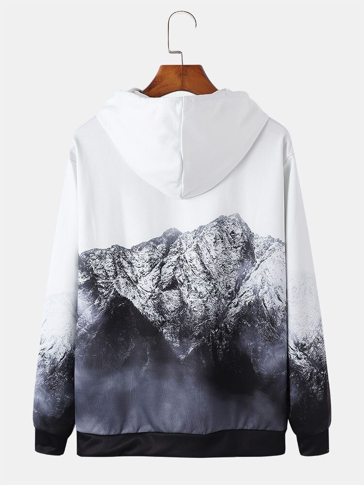 Herrdesign Mountain Landscape Print Pocket Dragstring Hoodies