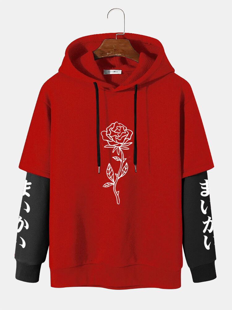 Herrskarvning False Two Rose Printing Japanese Letter Hoodies