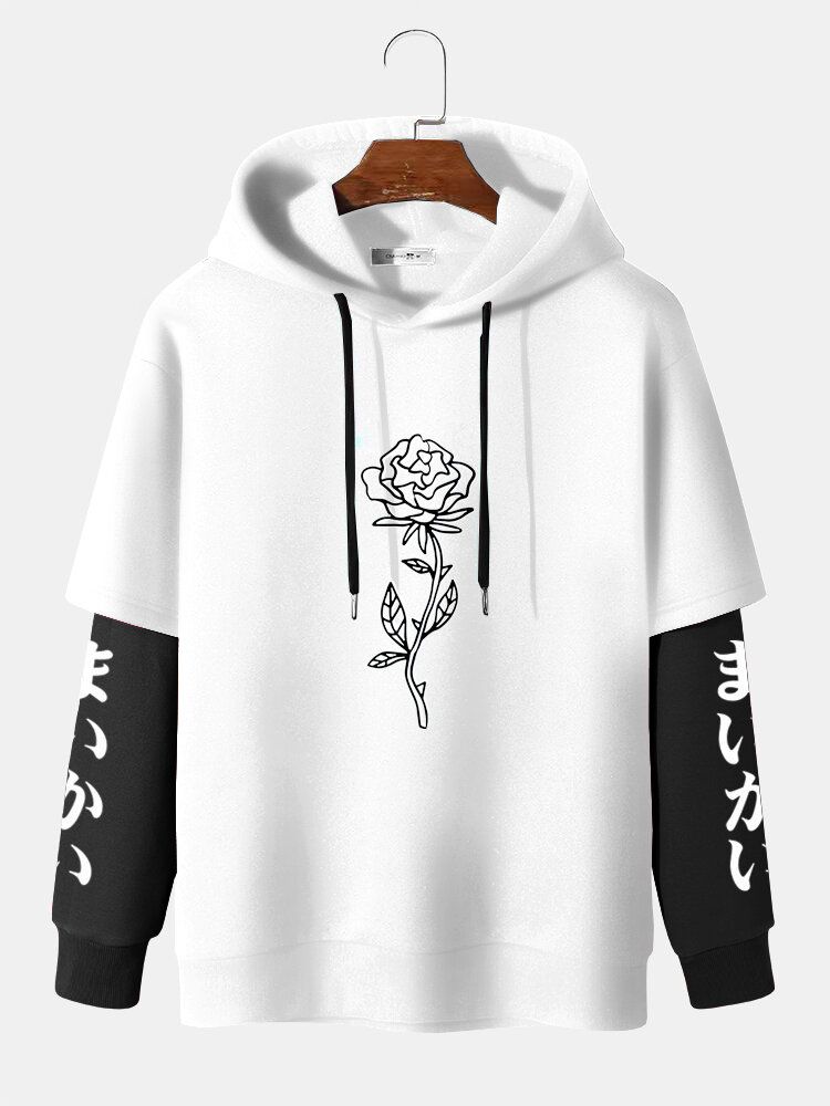 Herrskarvning False Two Rose Printing Japanese Letter Hoodies