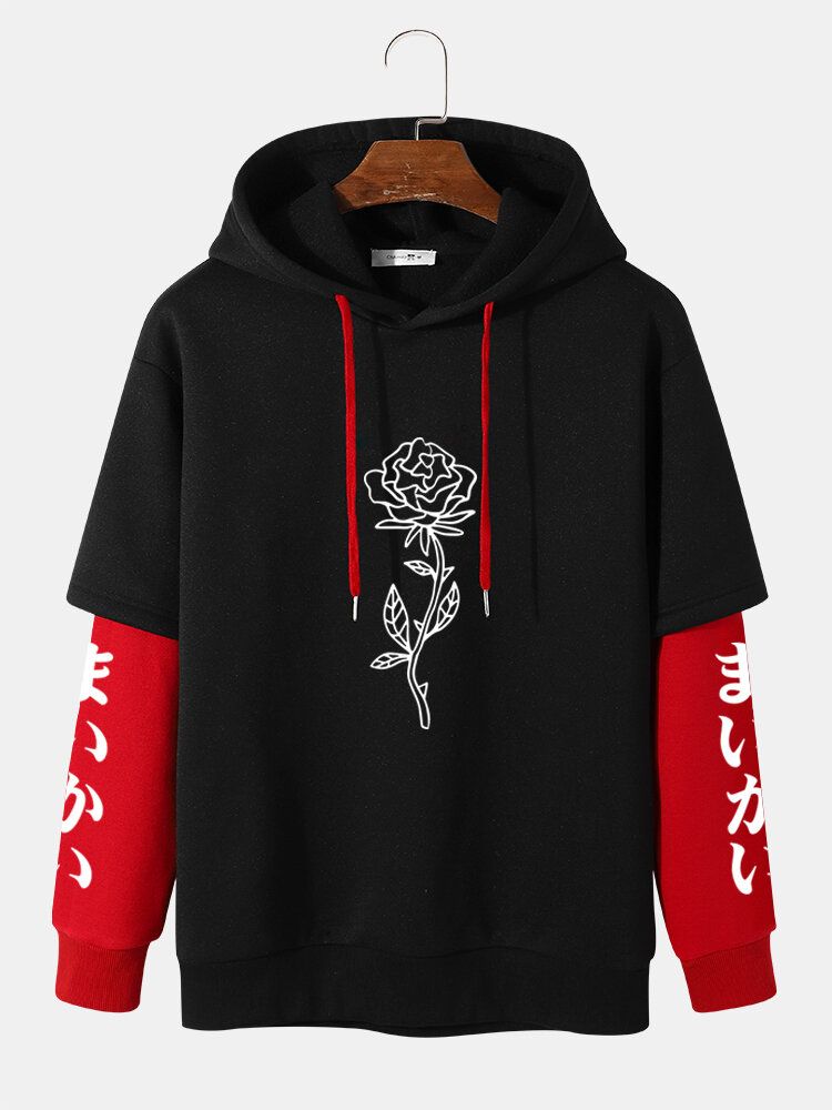 Herrskarvning False Two Rose Printing Japanese Letter Hoodies