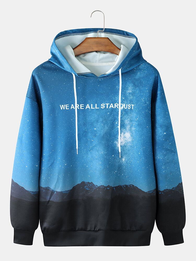 Herrslogan Nattlandskapstryck Casual Pullover Huvtröja Med Dragsko