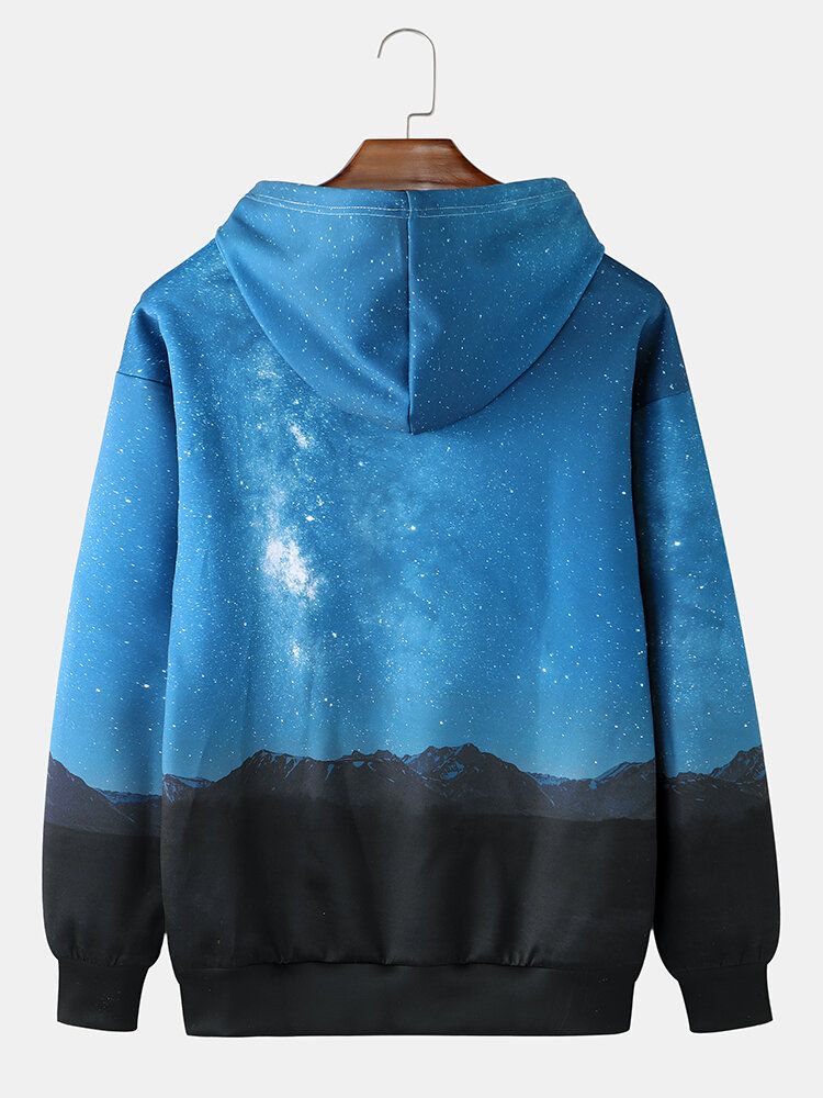 Herrslogan Nattlandskapstryck Casual Pullover Huvtröja Med Dragsko