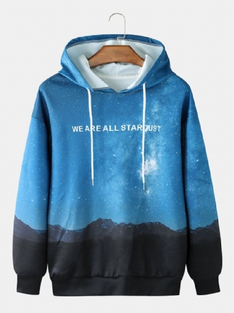 Herrslogan Nattlandskapstryck Casual Pullover Huvtröja Med Dragsko