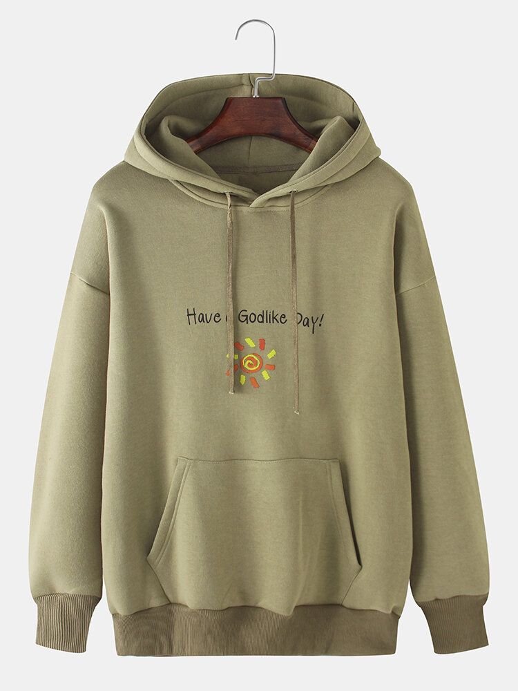 Herrslogan Tecknad Soltryck Enfärgad Känguruficka Casual Hoodie