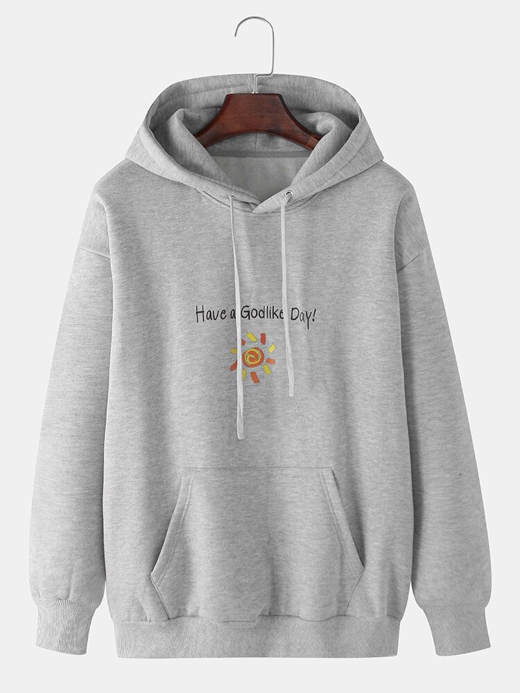 Herrslogan Tecknad Soltryck Enfärgad Känguruficka Casual Hoodie