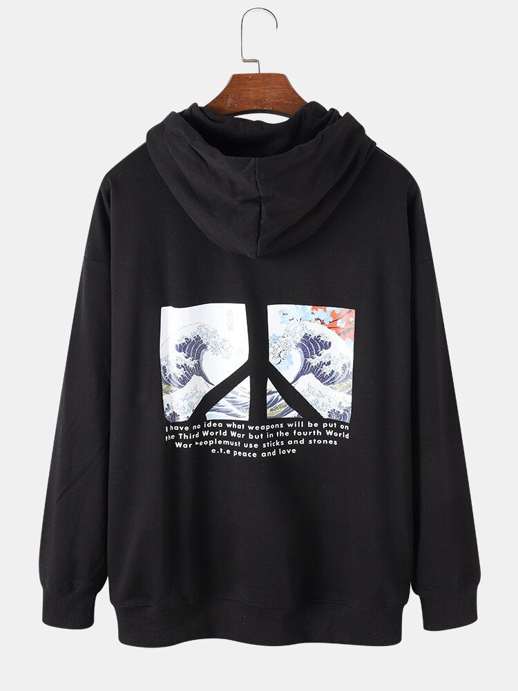 Herrslogan Wave Back Print Ukiyo Hoodies Med Känguruficka