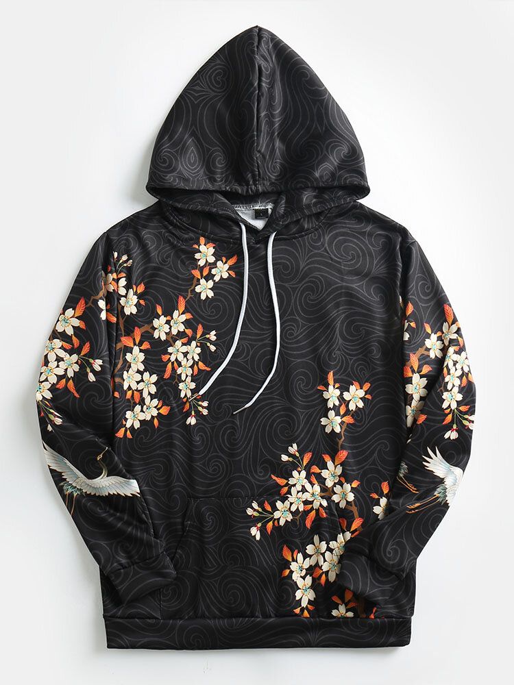 Hoodies I Etnisk Stil Med Vit Kran Med Blommor För Män