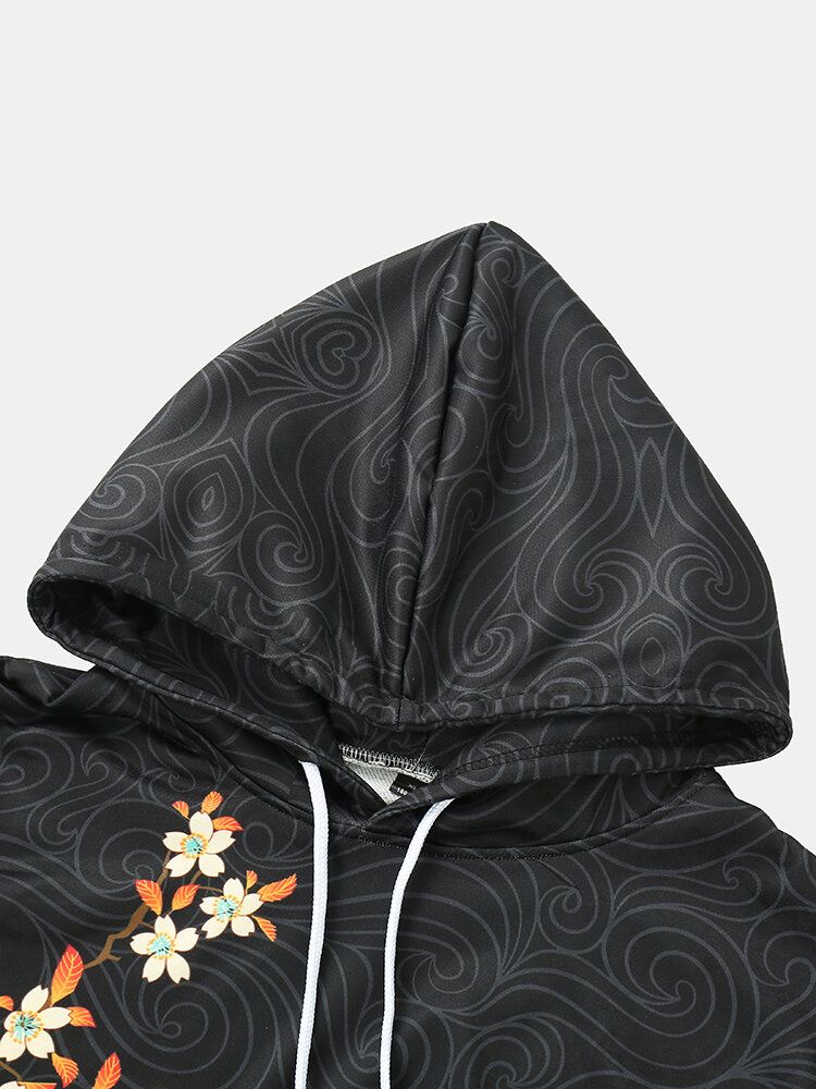 Hoodies I Etnisk Stil Med Vit Kran Med Blommor För Män