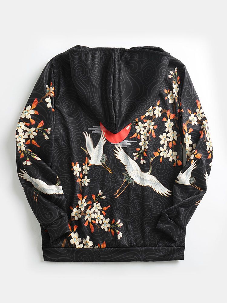 Hoodies I Etnisk Stil Med Vit Kran Med Blommor För Män